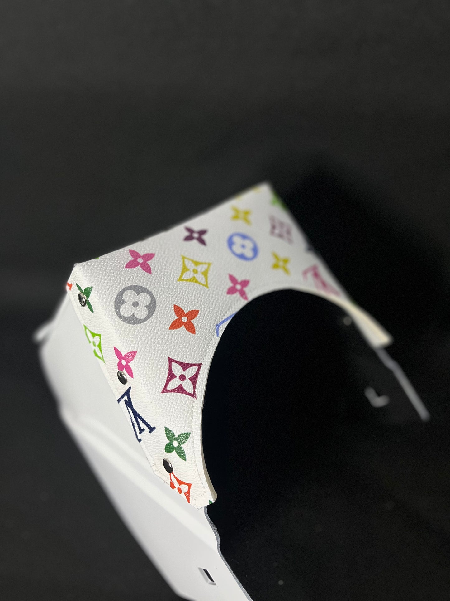 white hood with a multicolor LV top
