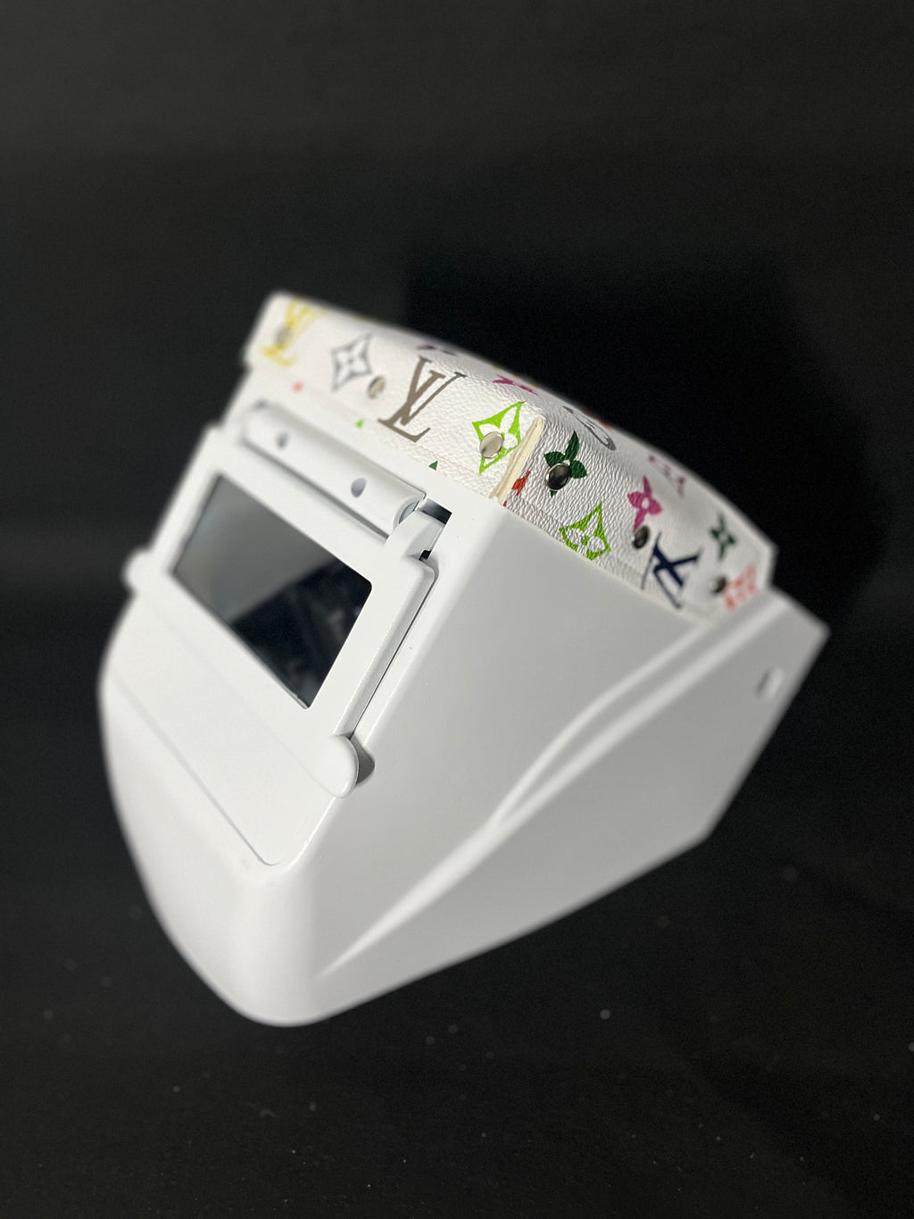 white hood with a multicolor LV top