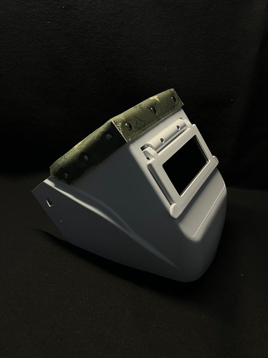 White hood with an olive green LV top bib